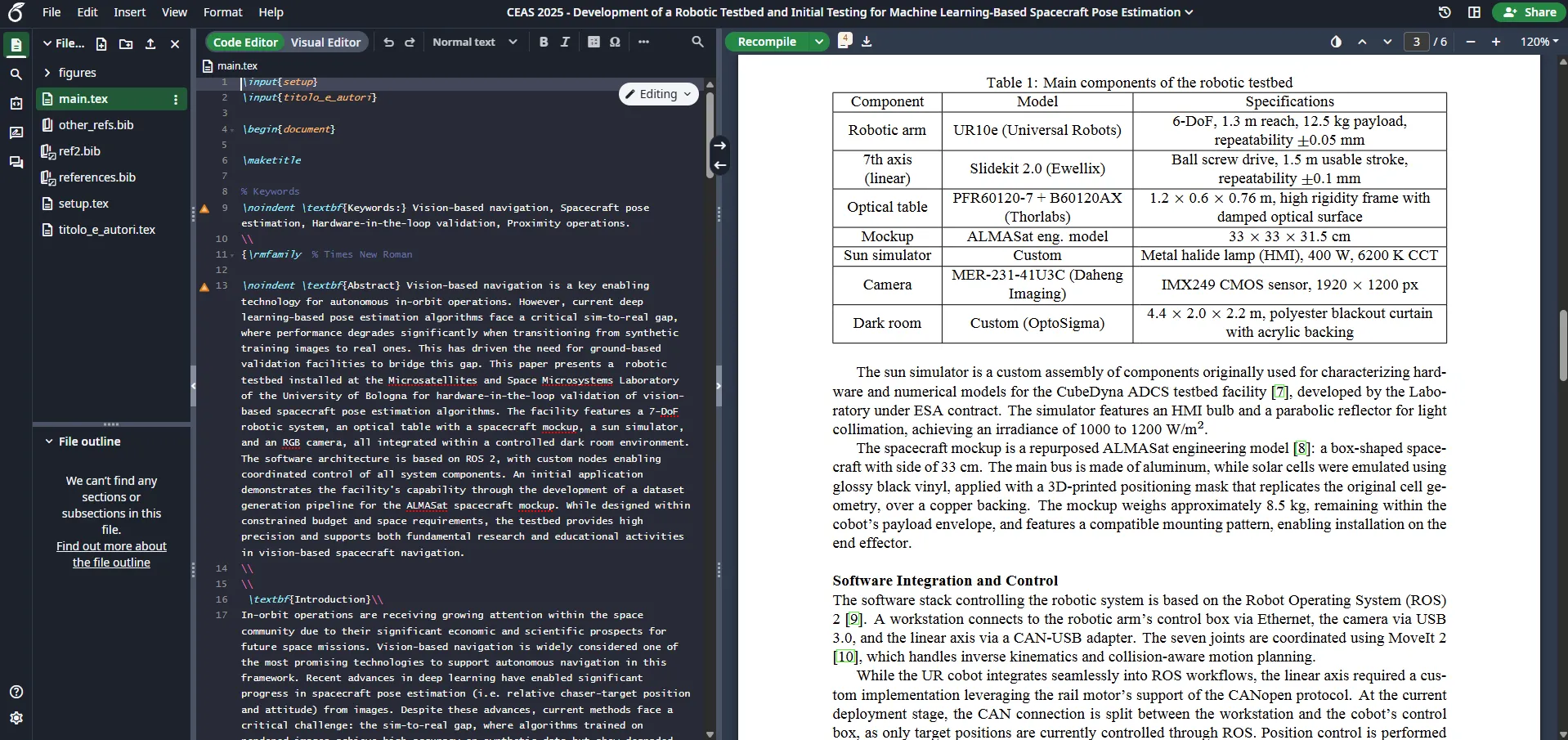 Self-hosted Overleaf editing a paper, with the LaTeX editor and PDF preview side by side